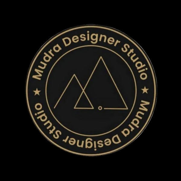Circular logo with 'Mudra Designer Studio' text and a geometric design on a black background.