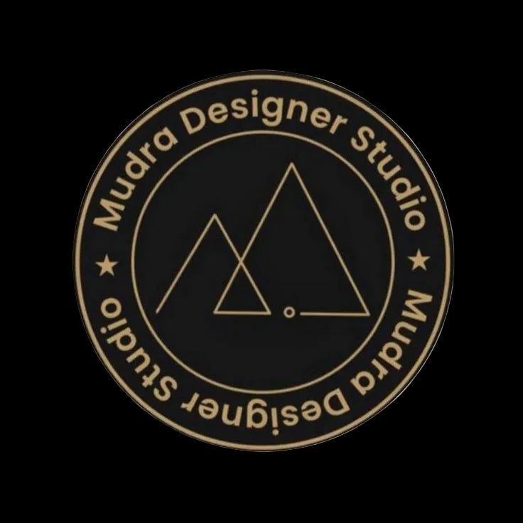 Circular logo with 'Mudra Designer Studio' text and a geometric design on a black background.